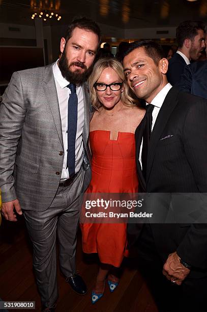 Mark-Paul Gosselaar, Rachael Harris, and Mark Consuelos attend the 2016 CAA Upfronts Celebration Party on May 16, 2016 in New York City.