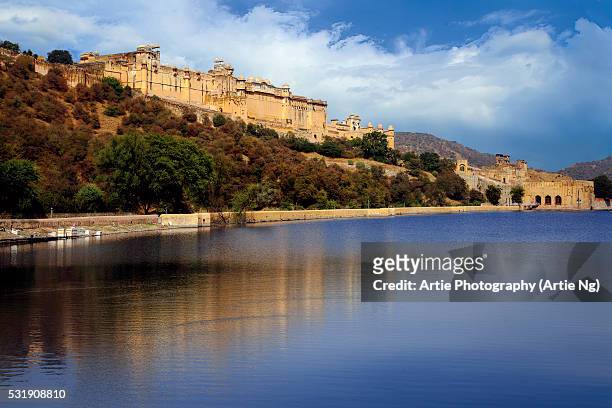 view of amber palace (amber fort) and maota lake, jaipur, rajasthan, india - amer fort stock pictures, royalty-free photos & images