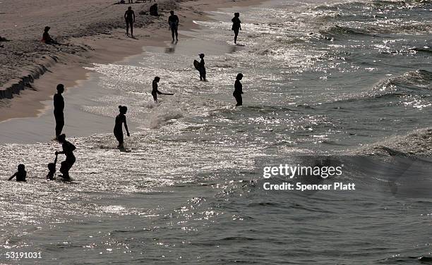 People wade in the water at the beach July 3, 2005 in Destin, Florida. Florida has experienced a recent spate of shark attacks, with three in the...