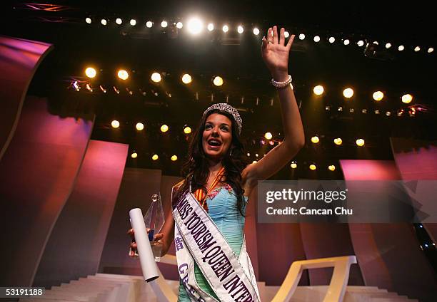 Miss Greece Nikoletta Ralli celebrates after winning the Miss Tourism Queen International 2005 Final on July 2, 2005 in Hangzhou, Zhejiang Province...