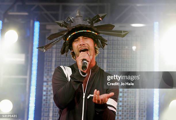 Jay Kay of Jamiroquai performs on stage at the final day of B Live London on Clapham Common July 3, 2005 in London, England.