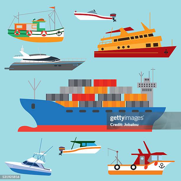 set of cartoon boats and ships - motor boat stock illustrations