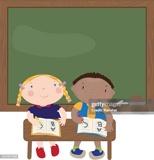 kids writing in the classroom - elementary classroom stock illustrations