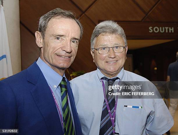 French former vice Olympic champion on 1500 meters Michel Jazy and three-time Olympic skiing gold medallist Jean-Claude Killy pose together at the...