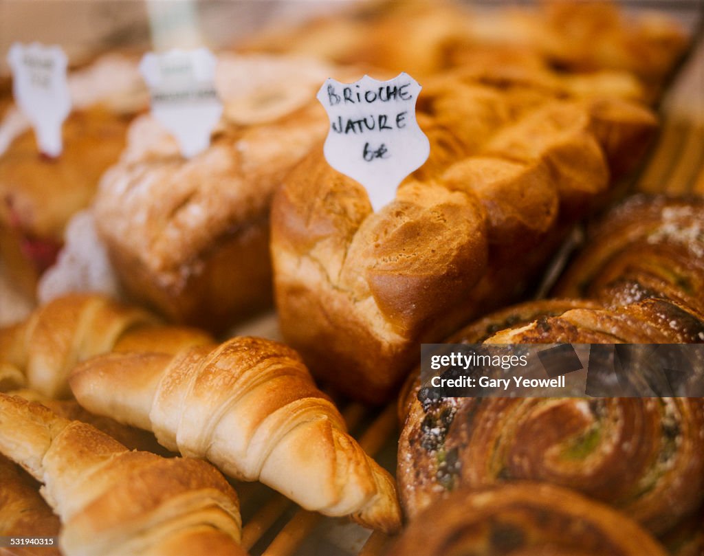 Various bread and cakes in a patisserie