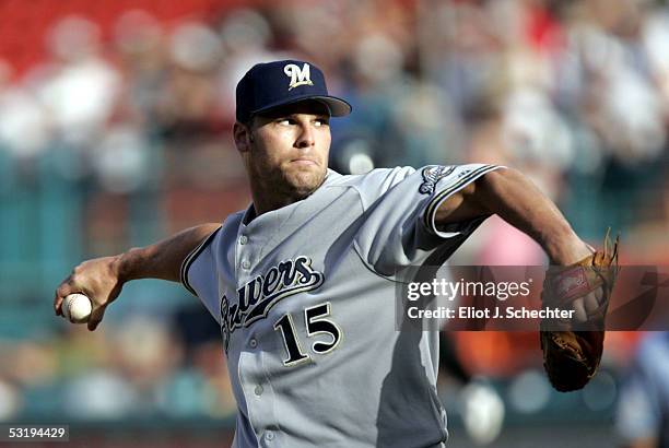 Pitcher Ben Sheets of the Milwaukee Brewers delivers a pitch against the Florida Marlins on July 4, 2005 at Dolphins Stadium in Miami, Florida.