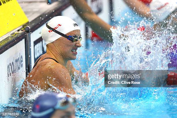 Katinka Hosszu of Hungary celebrates winning the Women's 200m Backstroke Final on day nine of the 33rd LEN European Swimming Championships 2016 at...