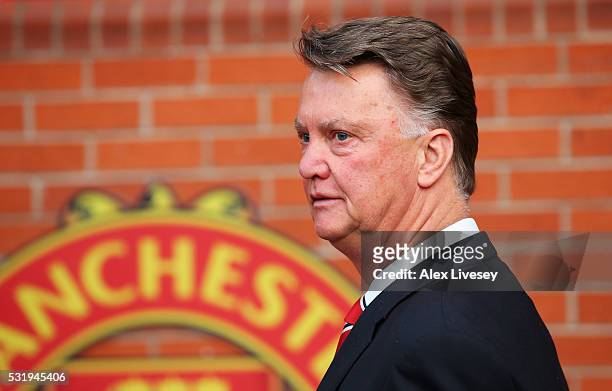 Louis van Gaal manager of Manchester United looks on prior to the Barclays Premier League match between Manchester United and AFC Bournemouth at Old...