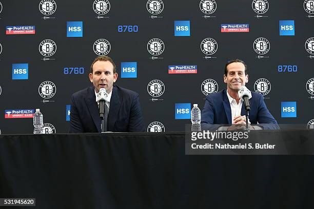 General Manager Sean Marks talks to the media during a press conference introducing Kenny Atkinson as the new head coach of the Brooklyn Nets at a...