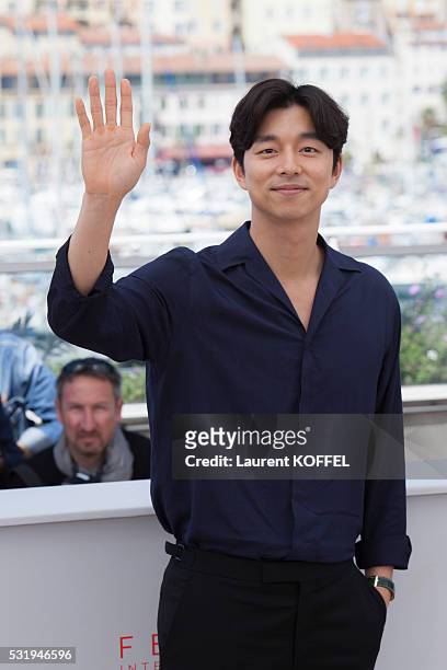 Actor Gong Yoo attends the 'Train To Busan ' Photocall at the annual 69th Cannes Film Festival at the Palais des Festivals on May 14, 2016 in Cannes,...
