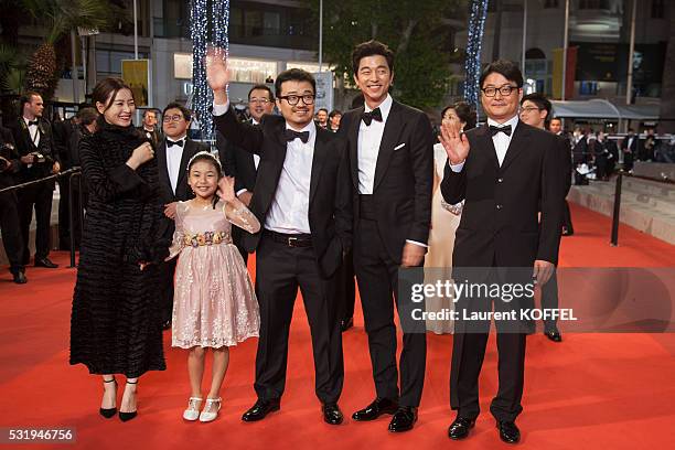 Actress Jung Yu-mi, Soo-an Kim, director Sang-ho Yeon, actor Gong Yoo and guests attend the 'Train To Busan ' premiere during the 69th annual Cannes...