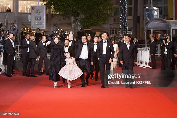 Actress Jung Yu-mi, Soo-an Kim, director Sang-ho Yeon, actor Gong Yoo and guests attend the 'Train To Busan ' premiere during the 69th annual Cannes...