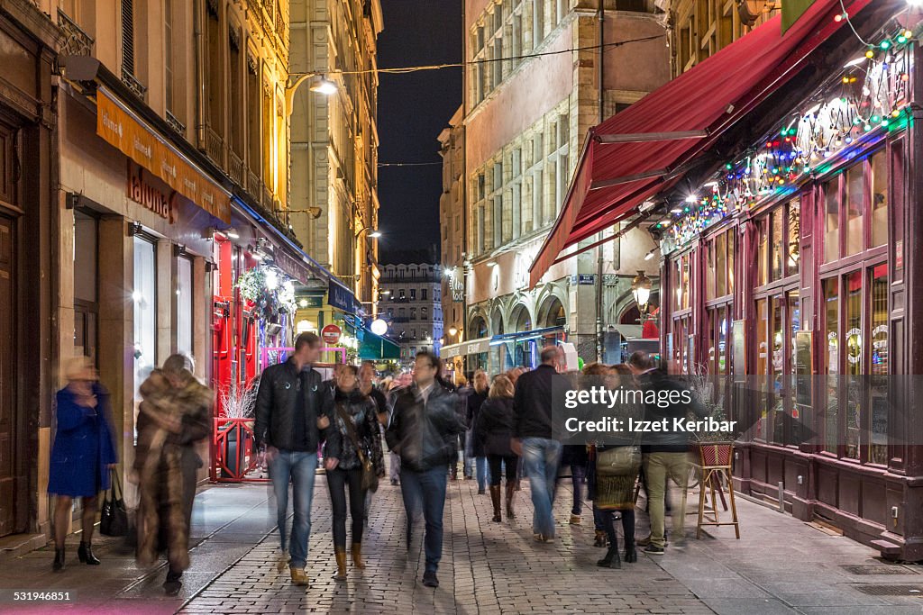 Late evening picture of cafe, old Lyon, France