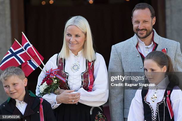 Prince Sverre Magnus of Norway, Crown Princess Mette-Marit of Norway, Princess Ingrid Alexandra of Norway and Crown Prince Haakon of Norway celebrate...