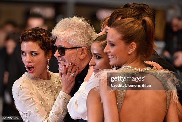 Actress Adriana Ugarte, Director Pedro Almodovar, actresses Inma Cuesta and Michelle Jenner leave the "Julieta" premiere during the 69th annual...