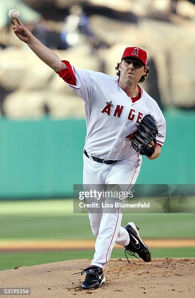 John Lackey of the Los Angeles Angels of Anaheim pitches against the Minnesota Twins on July 4, 2005 at Angel Stadium in Anaheim, California.