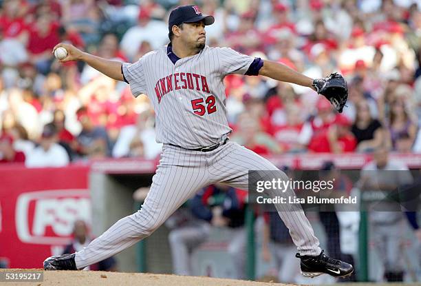 Carlos Silva of the Minnesota Twins pitches against the Los Angeles Angels of Anaheim on July 4, 2005 at Angel Stadium in Anaheim, California.