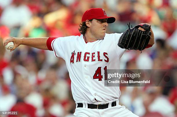 John Lackey of the Los Angeles Angels of Anaheim pitches against the Minnesota Twins on July 4, 2005 at Angel Stadium in Anaheim, California.