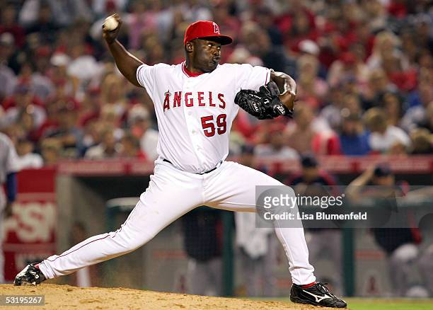Esteban Yan of the Los Angeles Angels of Anaheim pitches against the Minnesota Twins on July 4, 2005 at Angel Stadium in Anaheim, California.