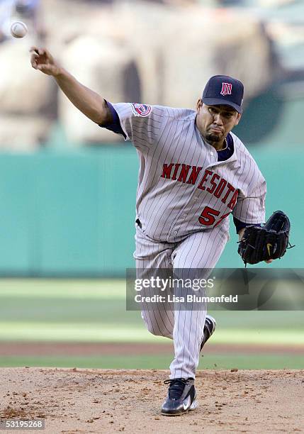 Carlos Silva of the Minnesota Twins pitches against the Los Angeles Angels of Anaheim on July 4, 2005 at Angel Stadium in Anaheim, California.