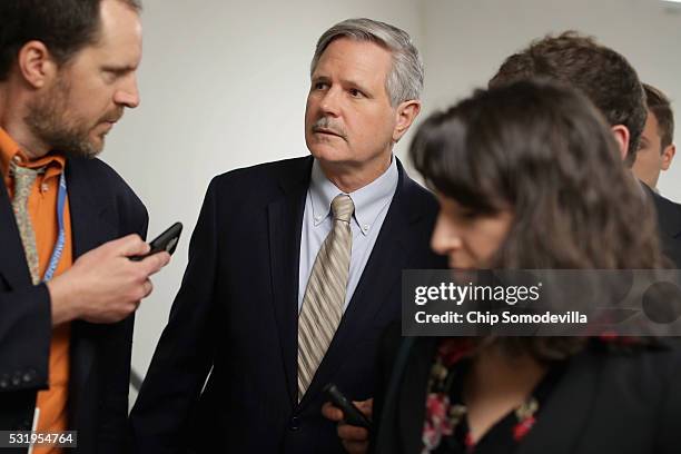 Sen. John Hoeven talks to reporters as he heads for the weekly Republican policy luncheon at the U.S. Capitol May 17, 2016 in Washington, DC. Leaders...