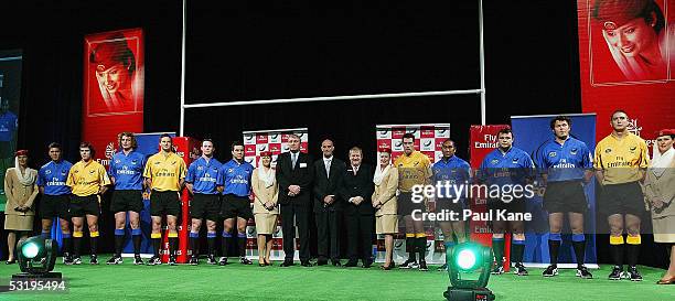 Perth's Western Force players wearing the new home jersey and away jersey pose at Burswood Resort on July 5, 2005 in Perth, Australia.