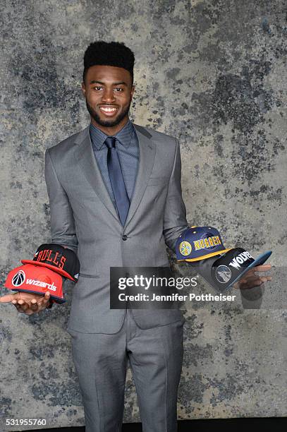 Draft Prospect Jaylen Brown poses for some portraits with some draft hats prior to the 2016 NBA Draft Lottery on May 17, 2016 at the NBA Headquarters...