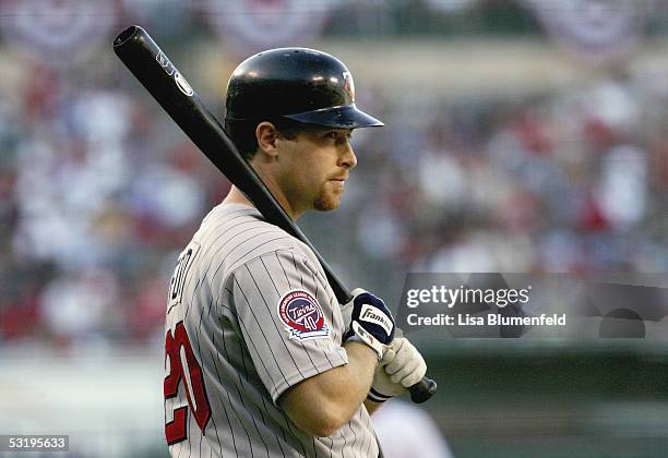 Lew Ford of the Minnesota Twins gets ready to bat against the Los Angeles Angels of Anaheim on July 4, 2005 at Angel Stadium in Anaheim, California.