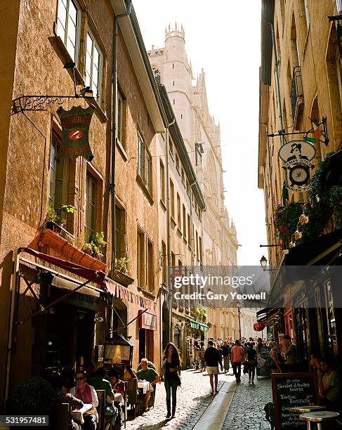 view along a typical crowded street in lyon - lyon france stock pictures, royalty-free photos & images