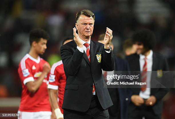 Louis van Gaal manager of Manchester United applauds the crowd after the Barclays Premier League match between Manchester United and AFC Bournemouth...