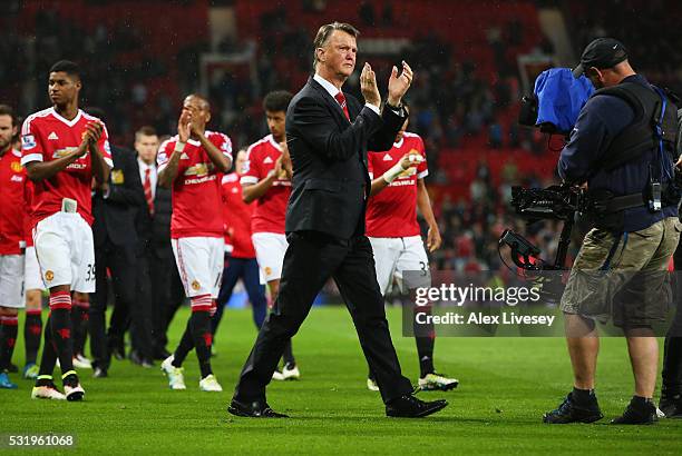 Louis van Gaal manager of Manchester United applauds the crowd after the Barclays Premier League match between Manchester United and AFC Bournemouth...