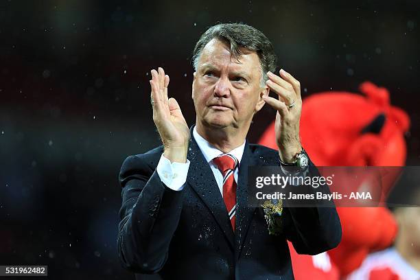 Manchester United Manager Louis van Gaal applauds the fans at the end of the Barclays Premier League match between Manchester United and AFC...