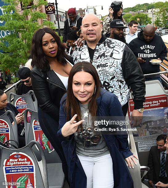 Remy Ma, Angie Martinez and Fat Joe pose at Ride Of Fame ride with "My Voice" at Bryant Park on May 17, 2016 in New York City.