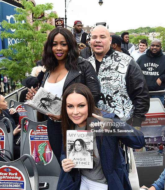 Remy Ma, Angie Martinez and Fat Joe pose at Ride Of Fame ride with "My Voice" at Bryant Park on May 17, 2016 in New York City.