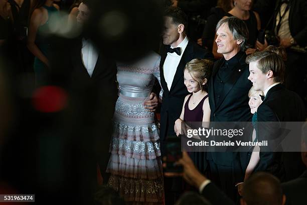 Matt Ross, Shree Crooks, Viggo Mortensen and Nicholas Hamilton pose as they arrive for the screening of the film "Captain Fantastic" ahead of the...