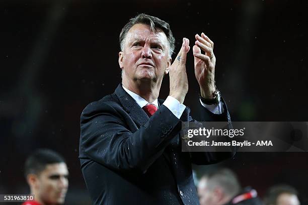 Manchester United Manager Louis van Gaal applauds the fans at the end of the Barclays Premier League match between Manchester United and AFC...