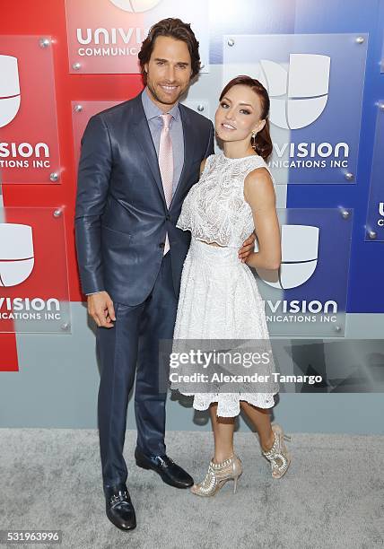 Sebastian Rulli and Angelique Boyer are seen arriving at Univision's UpFront 2016 at Gotham Hall on May 17, 2016 in New York, New York.