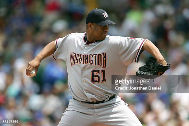 Livan Hernandez of the Washington Nationals pitches during the game with the Chicago Cubs on July 1, 2005 at Wrigley Field in Chicago, Illinois. The...