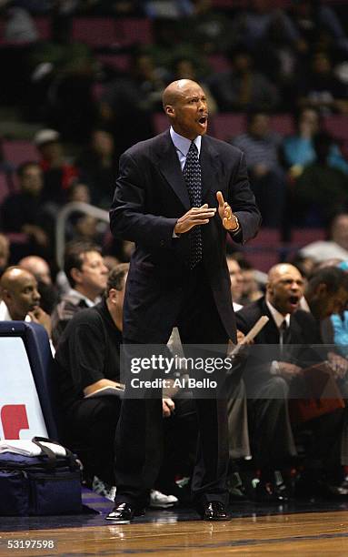 Head coach Byron Scott of the New Orleans Hornets reacts to a call during the game against the New Jersey Nets on December 10, 2004 at the...