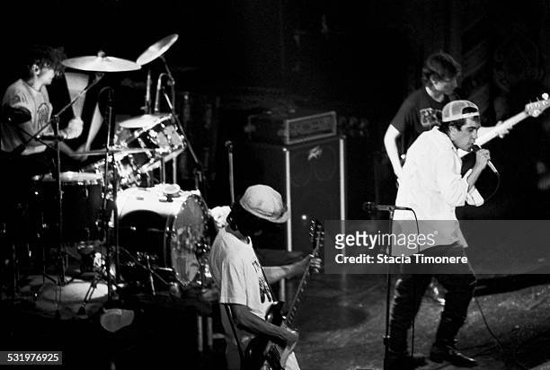 American satirical punk rock band The Dead Milkmen perform on stage at Cabaret Metro on March 3, 1989 in Chicago, Illinois, USA. Left to right: Dean...