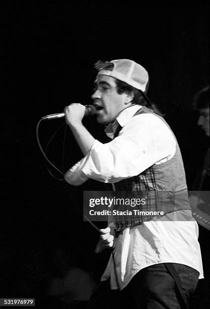 Singer Rodney 'Anonymous' Linderman performs with American satirical punk rock band, The Dead Milkmen, on stage at Cabaret Metro on March 3, 1989 in...