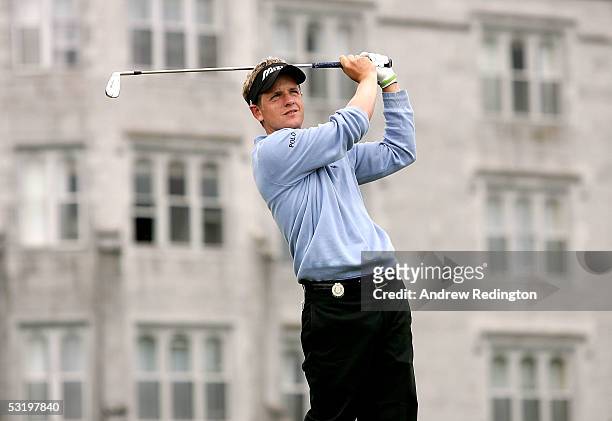 Luke Donald of England tees off on the 16th hole during the second round of the JP McManus Invitational Pro-Am event on July 5, 2005 at the Adare...