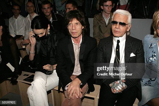 Mick Jagger and Karl Lagerfeld attends the Dior's Men fashion Show,designed by Heidi Slimane,on July 1st, 2005 in Paris, France.