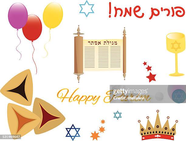 purim holiday icon set - torah dressed stock illustrations