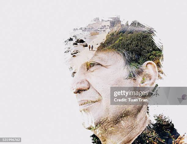 double exposure of man and nature - portrait double exposure foto e immagini stock