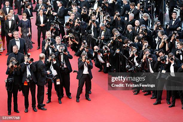 Photographers at the "Julieta" premiere during the 69th annual Cannes Film Festival at the Palais des Festivals on May 17, 2016 in Cannes, France.