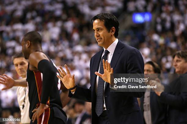 Head Coach Erik Spoelstra of the Miami Heat looks on in Game Five of the Eastern Conference Semifinals between the Miami Heat and Toronto Raptors...