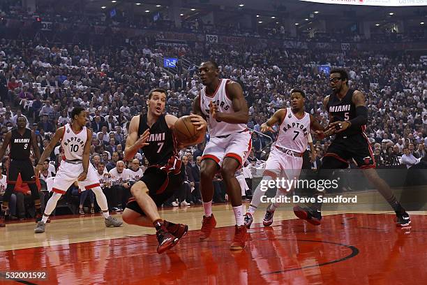 Goran Dragic of the Miami Heat the ball in Game Five of the Eastern Conference Semifinals between the Miami Heat and Toronto Raptors during the 2016...