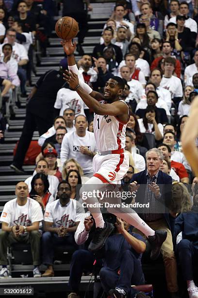 Jason Thompson of the Toronto Raptors shoots in Game Five of the Eastern Conference Semifinals between the Miami Heat and Toronto Raptors during the...