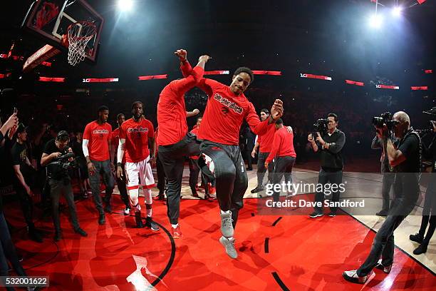 The Toronto Raptors prepare to play in Game Five of the Eastern Conference Semifinals between the Miami Heat and Toronto Raptors during the 2016 NBA...